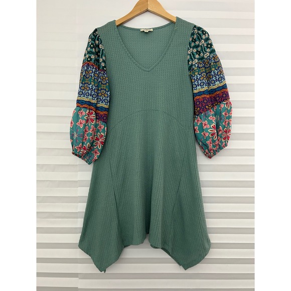 Umgee Tops - Umgee USA Sage Green Waffle Knit Mixed Print Balloon Sleeve Tunic Top S Boho